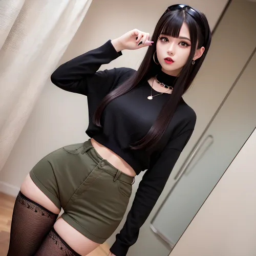 1american young adult girl, makeup, black long sleeve, black jeans hot pants, cotton long stockings, choker, circle earrings, goth necklace, long hime cute tall hairstyle, black hair, green eyes, seductive pose, <lora:Eyoung adult girl:.5>