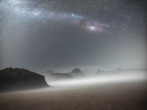 In the deep shadow of a huge tree, two very large and not bright stars stood out. The black sand was smooth and dimly lit. The black sky was vast and filled with bright stars. Saturn's rings were around the entire planet, no