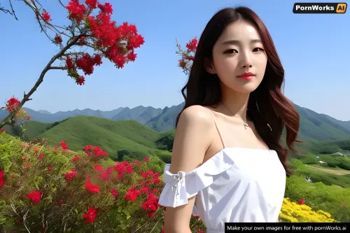 长长的流发和红色背景的女人站在白墙前. 她拿着相机,拍了自己的照片. 突然,她注意到计算机屏幕上的AI文本生成器. 她笑着打"Generate色情片