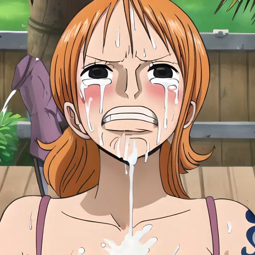 Luffy's large breasts are bound and gagged, with a sock in her mouth to muffle her screams. The artwork includes detailed depictions of the woman's face, hair, and breasts