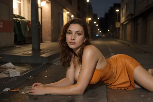 (Public punishment:1.5), (filthy slums:1.5), (dirty pussy:1.7), (homeless:1.6), (begging for money:1.5), (legs, arms, body and head shown:1), 6, (sexy prostitute:1.5), (woman showing off her whole body:1.7), (31 years old), (photo taken from angle:1.5), (whole body in footage visible:1.9), (orange dirty dress:1.8), photo-realistic, (big breast:1.7), (evening street lighting:1.5), (ultra-realistic:1.5), realistic, (photorealism:1.5)
