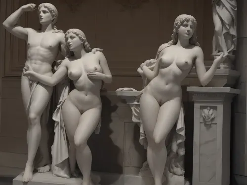 In a dark and ancient Greek temple, a young woman licks the statue of an ancient Greek god, savoring its rough texture and imagining what it would be like to have sex with its masterful creation