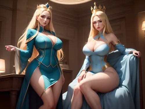 La giovane regina si sedette sul suo trono, indossando un abito da ufficio e un'espressione stern. Il suo aiutante stava accanto a lei, indossando un abito blu e bianco con capelli lunghi biondi e grossi seni che stavano sporgendo dal suo vestito da ufficio stretto