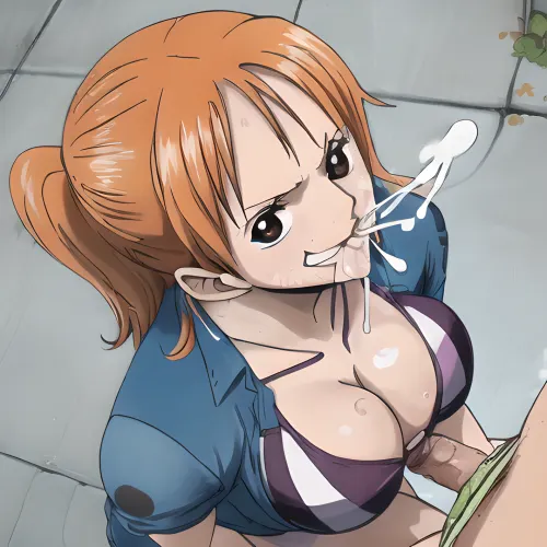 A woman with long brown hair and piercing blue eyes is performing a deep throat blowjob on a muscular man with tattoos all over his body. The man has tattoos all over his chest, and the woman has tattoos on her chest and neck