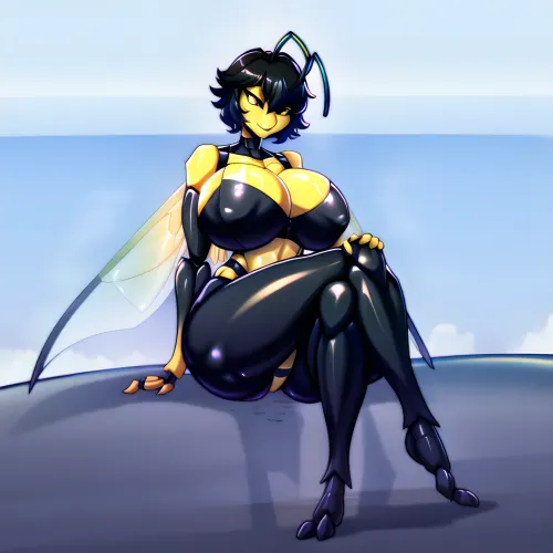 High quality, by lynncore, female, wasp, yellowjacket wasp, hymenopteran, anthro, insect, arthropod, 2 toes, (4 arms), 4 wings, 2 antennae, (5 fingers), antennae anatomy, [[arthropod abdomen]], black eyes, exoskeleton, feet, fingers, multi arm, multi wing, (insect wings), wings, solo, yellow body, smirk, toes, digitigrade, hair, short hair, black hair, black stripes, short, blue background, mandibles, big breasts, <lora:add_detail:.3>, <lora:fluffyrock-quality-tags-v4:.8>, <lora:Anthro_Bugs_Civitai_Lora:.8>, sitting