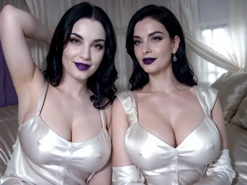 5 sexy goth girls, sexy goth, sultry goth, smiling face, seductive face, (looks seductively at camera:1.5), detail face, detailed face, ultra-realistic face, dressed in white satin nightgown, white satin nightgown covering legs, dressed in satin chemise, chest completely covered, breasts completely covered, in long satin nightgown, covering all skin, robe covering all skin, <lora:breastsizeslideroffset:.25>, mature 30 year old, milf, British headmistress, satin robe, black lipstick, blue lipstick, dark hair, purple hair, pale skin, very pale skin, white skin, tight from the neck to the bottom, wearing white satin dress, satin skirt, wearing glasses, mistress is seductively at the viewer, three girls, braless, hard nipples, poking nipples, nipples pushing through dress, with, pokies, <lora:pokies_9:1>, all girls, sitting on satin bed, lying on satin bed, satin, dress, long, <lora:SatinBallDress:.75>, lesbian, legs in the air, legs wide open, exposed pussy, exposed vagina, realistic vagina, godpussy1, pussy, rear, <lora:GodPussy1 v4:.5>