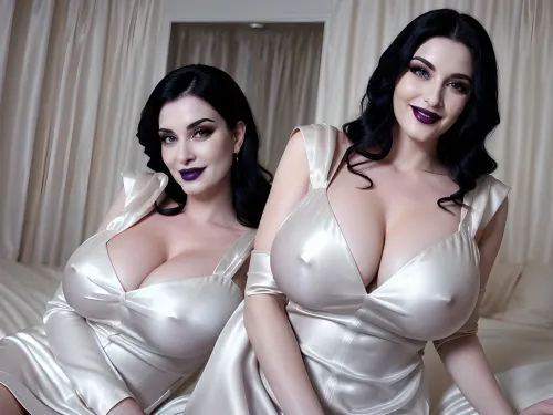 Le tre ragazze nella foto indossano abiti da notte di raso bianchi e stretti che si aggrappano ai loro corpi. Sono tutti sorridenti e guardano seducentemente alla fotocamera. I loro capezzoli spuntano attraverso il tessuto dei loro abiti, e