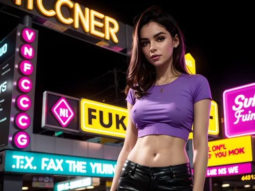 ネオンシティでは、パープルトップの少女は、彼女のソフトフォーカスのポートレートとエキゾチックなアルバムカバーでAIの本質をキャプチャします。 彼女のテキストは、他の世界的な雰囲気を演出する照明で魅力的です