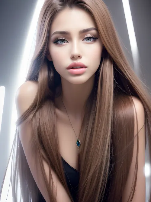 The woman in the photo is wearing a high-quality professional photography outfit with a toned figure that makes her feel like you're looking at perfection itself. Her makeup is perfect, and her eyes are expressive, making it look like she's feeling something