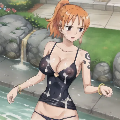 Nami, a young girl with long brown hair and large breasts, loved to wear her favorite orange bikini and take pictures with her twintails. One day, she decided to try something new - wearing a ponytail with no panties. As she