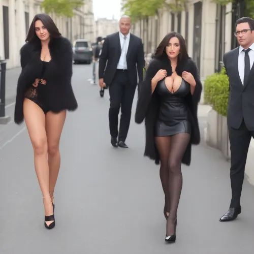 Kaslı bacaklarla bir kadın ve kasiyerleri Paris'teki avenue boyunca yürüdü, yüksek topular açılışa ulaştı. Onun eğrilerini kucaklayan siyah bir elbise giydi ve firmasını aksan bir pantyhose. Onun panther kürk peak