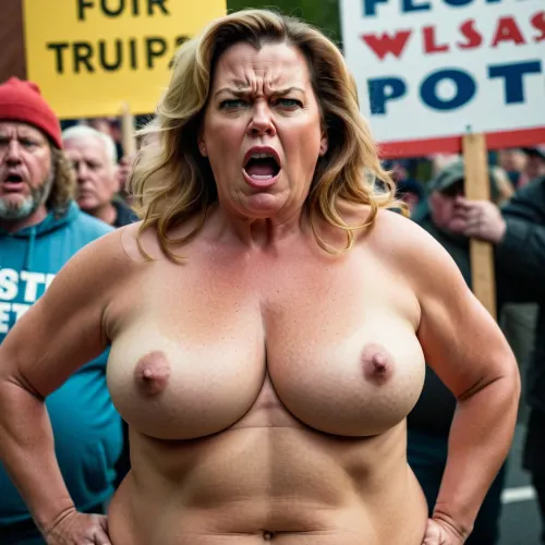 Une femme, avec un grand protestataire Trumpp d'âge moyen en colère nu, se tenait devant la foule tenant un panneau qui lisait "AI est l'avenir". La foule a hué et crié des obscénités sur elle. Elle a retenu son téléphone