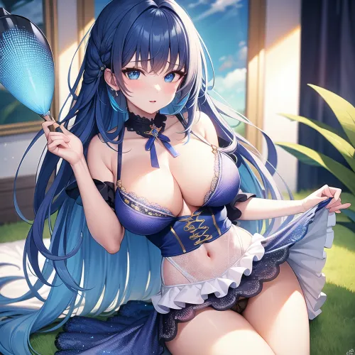 La IA generó una imagen de la hermosa chica con una iluminación perfecta, detallando su pelo azul y pestañas largas, mirando al espectador con un pout sexy. Llevaba una mini falda y brassiere, mostrando sus pechos perfectos. Sus ojos azules