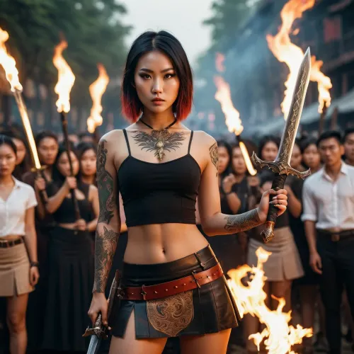 Im Hintergrund eines überfüllten Raumes steht ein asiatisches Mädchen mit Tattoos und einem flamierenden Schwert vor einer Menge. Sie hält ein Schwert und sieht heftig aus, als sie die Kamera anstarrt. Der Text auf dem Bildschirm liest "AI-