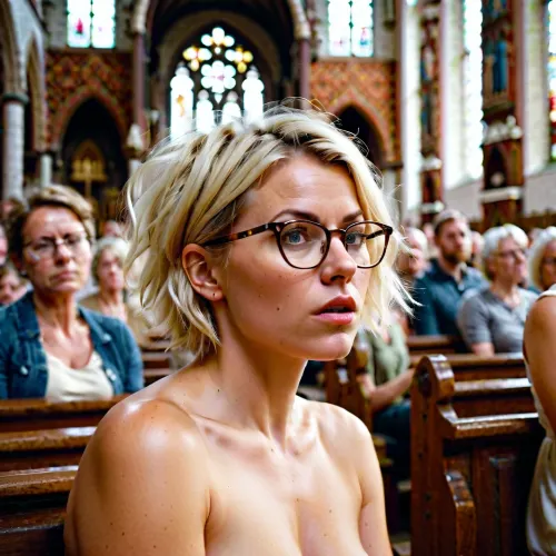 La mujer holandesa, con sus gafas y el pelo rubio largo, se sentó en una iglesia abarrotada durante una misa. Tenía 30 años y tenía pelo rubio largo. De repente, miró hacia abajo y vio que la gente la miraba con ira y disgusto