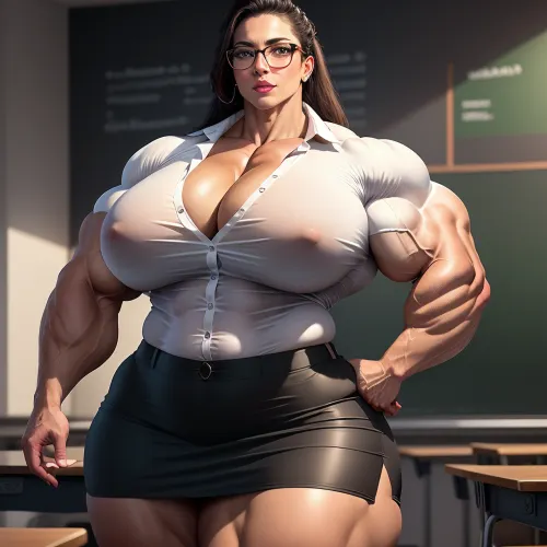 A mulher na fotorealista, melhor qualidade, ultra-detalhado quadro a preto tinha absurldy muscular professor de pé em sala de aula em quadro preto. Ela tinha um grande, mamilos inchados e uma camisa de botão que perfeitamente a delineou