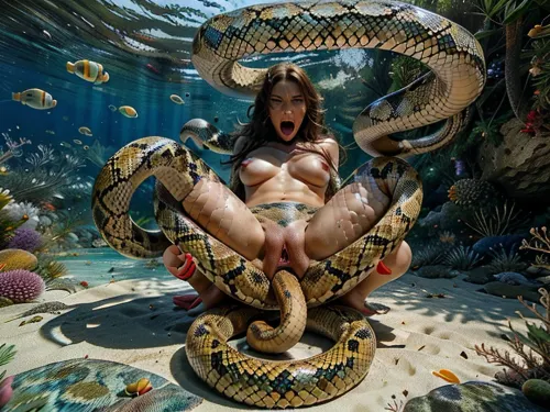 masterpiece, best quality, highly detailed, naked 1girl, snake in pussy, open anus, solo, (scared, panicking, constricted pupils, screaming, raised eyebrows, wide-eyed, sweat, sweatdrop, blush), long hair, brown hair, brown eyes, bare shoulders, white sleeves, detached sleeves, red skirt, pleated skirt, white thighhighs, BREAK, giant snake, oversized snake, bound, bdsm, full body, air bubble, coral, sand, (((snake coil around person))), <lora:seaSnake:.5>, DbDildo, in, ass, <lora:DbDildo:.5>, PussyBigDildoQuiron, style, vaginal, object, insertion, pussy, sex, toy, anus, clitoris, large, spread, legs, kneeling, from, behind, <lora:quiron_PussyBigDildo_v2_Lora:.5>