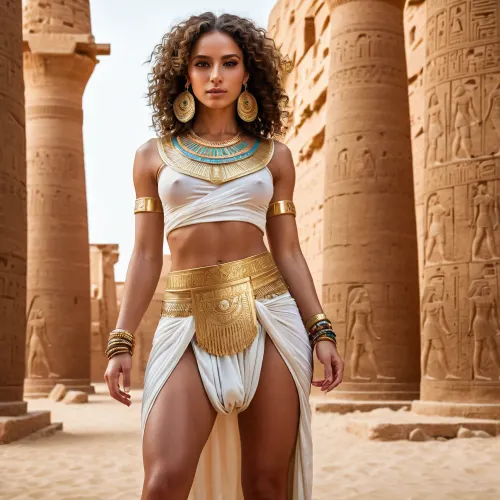 Ein großes, muskuläres Mädchen mit hochauflösender KI erzeugte Porno-Bild und einen symmetrischen Körper. Sie hat eine feine ägyptische Kleidung, die ihre Kurven und Beine auseinander zeigt. Ihr voller Körper ist wunderschön detailliert mit der besten Qualität ägyptische Kleidung, Armband