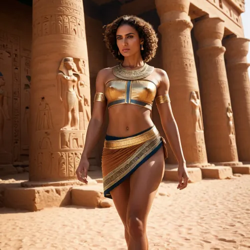 woman, cute tall, best quality, ultra-detailed, masterpiece, finely detail, highres, egypt clothes, street, full body, muscular, <lora:bralessSDXL_v1_00022:1>