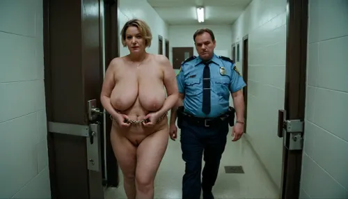 一名20岁的女囚犯被一名穿制服的警官护送穿过灯光明亮的监狱走廊,她穿戴着白色的卷曲60岁的尸体,并带有软照明和8K超HD光现实化图像