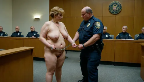 (((WOMAN IN HANDCUFFS))), courtroom, humiliation, nude white curvy tattooed humby 60-year-old woman in handcuffs, showing off hers asshole, guarded by 20-year-old uniformed police officer, male judge in toga, and male jurors looking at her, ultrarealistic, soft lighting, 8K, ultra HD, full length, photorealistic image, 8k, <lora:sagging-000015:.5>, <lora:megachubsdxl_13:.5>, <lora:236276_training_data:1.5>, <lora:274698_training_data:.9>