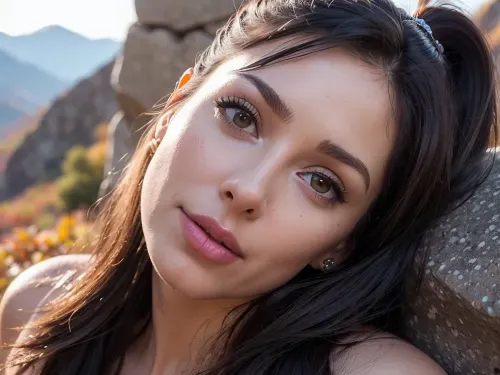 (((27-year-old woman, 100% matching Laura Antonelli face))), photoshoot model, looking straight at the camera, mid shot, (((100% naked, very detailed face, hair of dark black color, high ponytail hair))), open ears with large luxurious highly detailed multi crystal earrings, smile, clean symmetrical face, (((September, Putorana Plato, mountain pass over the autumn valley, crystal rocks))), open air photography, unsplash, 8K, very sharpen, (((soft lighting)))