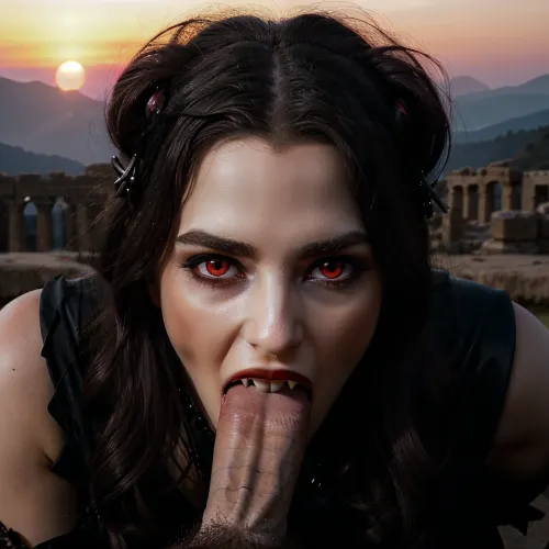 sunset, the sun is hiding behind the horizon, pink light, ruins of an ancient Greek temple, very detailed face, pale woman, Vampire Queen sucks penis, close up, red eyes, long fangs, a crown in the style of dark fantasy, symmetrical epic fantasy art, dark fantasy, colorful, high detail, impeccable image quality, ultrarealism, cockbiting, bitingshaft, vampirebiting, 1girl, penis, hetero, 1boy, fellatio, oral, solo, focus, pov, fangs, <lora:bjwithteethv4-10:.5>, <lora:MS_Real_POV_Blowjob:.5>, <lora:fangs:.5>