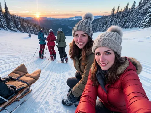 2 naked girls 18 years old in hats, detailed face, beautiful face, gray eyes, mittens, winter, jackets, winter mountains, snow, evening sunset, fire, boots on the feet, hiking in the mountains, forest trees in snow, snow flying around, shaved pussy, evening, girls without panties and clothes below the waist, sunset, (shaved pussy), sledding down the mountain naked, sledding, mountain