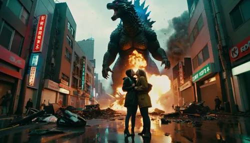 Женщина и ее партнер бегут по улицам разрушенного киберпанка города, утаивая обломки и взрывы, вызванные божественным монстром на расстоянии. Они укрываются за разрушенным зданием, наблюдая, как монстр уничтожает все в нем