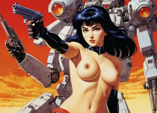 A 매우 상세한 8k AI-generated 포르노 사진의 여성 Holding a gun and wearing a mecha suit in the background is a amazing masterpiece of storytelling