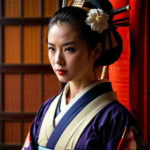 Die junge Frau saß vor der Geisha, ihre Augen fixierten auf dem Bild eines Samurai. Sie war im Gedanken verloren, sich als Krieger vorzustellen, ein Schwert zu walten und für Gerechtigkeit wie in diesem Bild zu kämpfen. Die Geisha