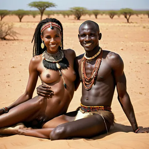 L'image complète du corps de la femme a été capturée dans un cadre traditionnel de la tribu Masai, allongé sur son dos avec un large corps ouvert et de grandes poitrines. Elle avait une peau d'ébène foncée et était baisée par un grand et musclé guerrier de la tribu Masai africaine