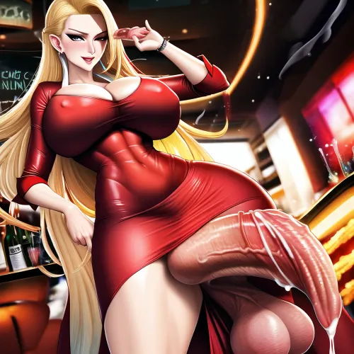 1woman, large penis, huge testicles, large breasts, red dress, penis dripping cum, close up of penis, blonde long hair, supermodel, seductive face, looking at viewer, at a bar, no bra, camera upskirt, circumcised, cum on face, <lora:FutaCockCloseUp-v2:.8>