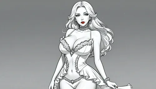 ゴールドのレースと赤のフリルで白いドレスの女性の, セクシーなポーズでフルの高さで立っている, 彼女の顔は、彼女がセクシーなポーズで立っているように強い性的興奮を表現