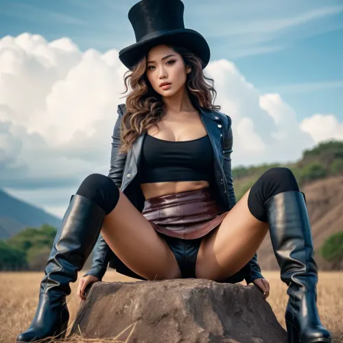 woman, masterpiece, full body, japanese, ripped muscle, top hat, wavy hair, croptop, miniskirt, thigh boots, spread legs, sitting, hand covering crotch