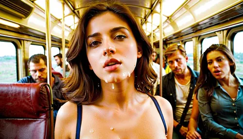 Una giovane donna su un treno affollato sta avendo un incontro vapore con un uomo. Sta succhiando il suo cazzo e le accarezza le tette. Improvvisamente, sente qualcosa di caldo e bagnato sul suo viso mentre fissa la fotocamera