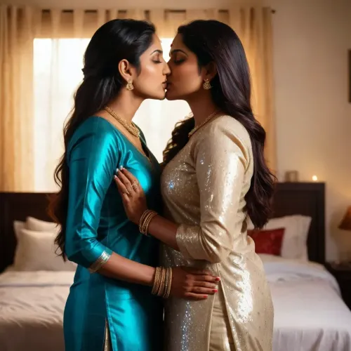 一个穿着闪烁的萨尔瓦的女人正在亲吻一个超现实的AI生成的一幅女性穿着内衣的照片的胸部. 两名妇女站在卧室里,他们的尸体交织在一起,在他们探索对方的尸体时,他们的身体与他们的