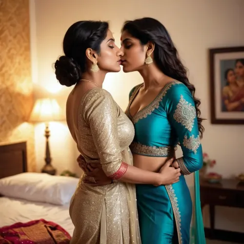 一个穿着闪闪发光的萨尔瓦的女人 亲吻着一个超现实的人工智能的 自己穿着内衣的照片的乳房 而她的皮肤却汗流满面