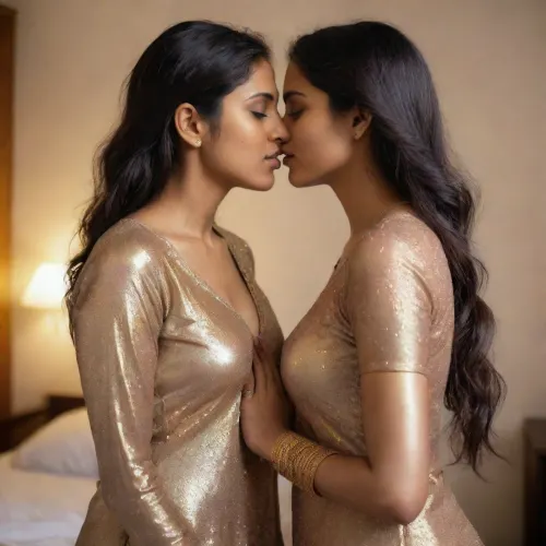 一个穿着闪闪发光的萨尔瓦的女人站在卧室里,她的乳房在靠着亲吻她的情人时跳动. 妇人闭目,一时失落. 她的情人是个漂亮的印度女人 穿着闪光灯