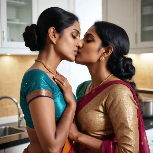 一个穿满袖子的女子 在厨房里亲吻两个印度女同性恋者 手放在对方的胸前