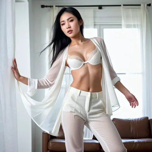 Eine junge Frau mit asiatischen Merkmalen und einem perfekten Körper stand vor der Leinwand, entschlossen, etwas wirklich Schönes zu schaffen. Sie trug ein weißes Sheer-Shirt, das ihre getönten Arme und ausgestreckten Armen enthüllt, ihr offenes weißes Hemd, das ihren BH enthüllt