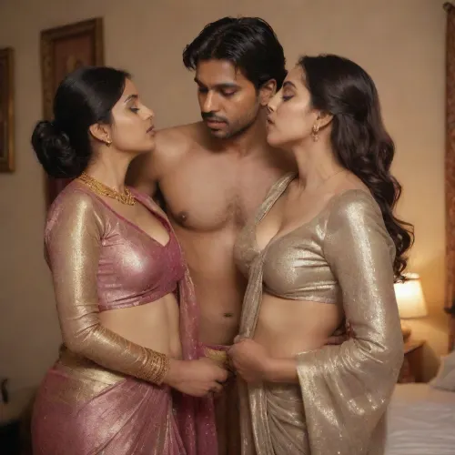 一个穿紧身短裙的女人站在一对夫妇的卧室里,双臂包裹着他们的腰部. 男人和女人在床上热情地接吻 而女人却穿着闪闪发光的莎丽