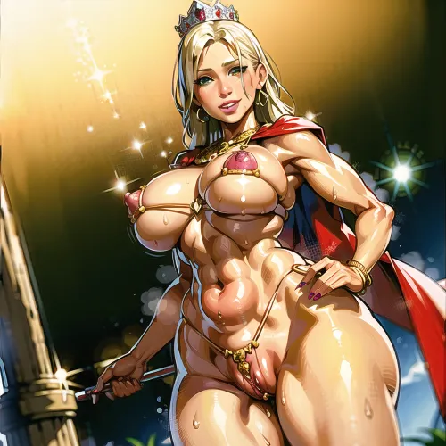 Женщина на картинке носит потрясающее, ультра-детализованное бикини с запутанными деталями и впечатляющим пупком. Ее платиновые светлые волосы и изумрудные зеленые глаза делают ее увлекательным, в то время как ее объемное тело с впечатляющим пупком