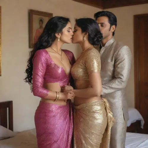 这名妇女穿着一件闪亮的莎莉,与两名妇女和一名男子站在卧室里。 他们亲吻着一个奴隶的乳房, 她穿着满袖的上衣和超现实的三性同性恋