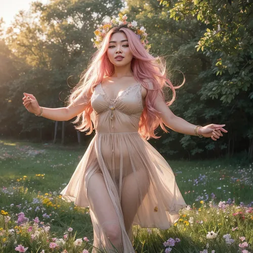 拥有最优秀杰作的女性是越南女巫师,长尖精灵的耳朵穿着浅透明粉红色公主裙. 她有黑发 皮肤晒黑 自然特征 气息 神奇的氛围和体积