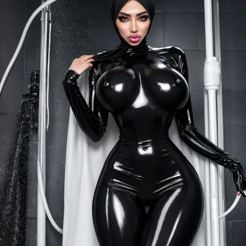 A Turkish girl with a latex bodysuit in ultra-HD picture shows her drooling mouth, big tits, and thick eyebrows. She grabs her ass while looking at the camera and is covered in sperm as she kisses two girls who grab their