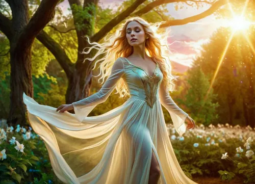 The young elf woman danced among the trees, her flowing dress billowing in the wind. Her hair was a glowing golden color, and her eyes shone with a silver light. She was surrounded by two magnificent trees, one glowing with golden light and