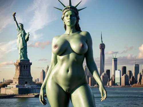 Eine fotorealistische Ganzkörperansicht einer riesigen Frau mit filmischem Licht und verführerischer Nacktheit. Sie ist größer als ein Berg, majestätisch und über New York City. Ihre Nippel sind scharf und extra dünn, sie