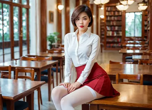 La donna vietnamita si sedette sul tavolo, le sue lunghe gambe incrociate, mostrando il suo splendido corpo in tutta la sua gloria. La sua figura in vetroresina accentuata dalla sua micro gonna rossa e camicia bianca, aggiungendo al suo fascino sensuale. Aveva una