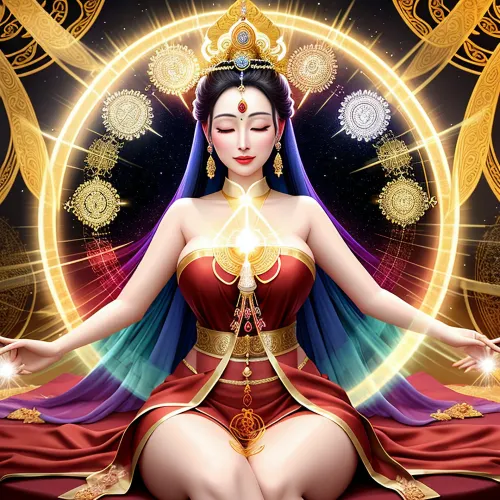 Ethereal güzellik ve radiance olan bir kadın, samimi yerlerini kaplayan saf enerjinin bir soyunu giyiyor, bacakların kutsal geometrinin arka planına karşı oturdu. Onun yarısıo, bakmak için bir imajdı